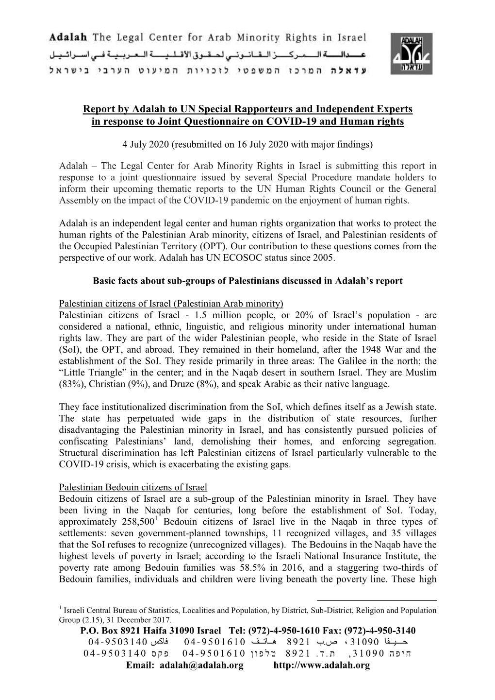 Report by Adalah to UN Special Rapporteurs and Independent Experts in Response to Joint Questionnaire on COVID-19 and Human Rights