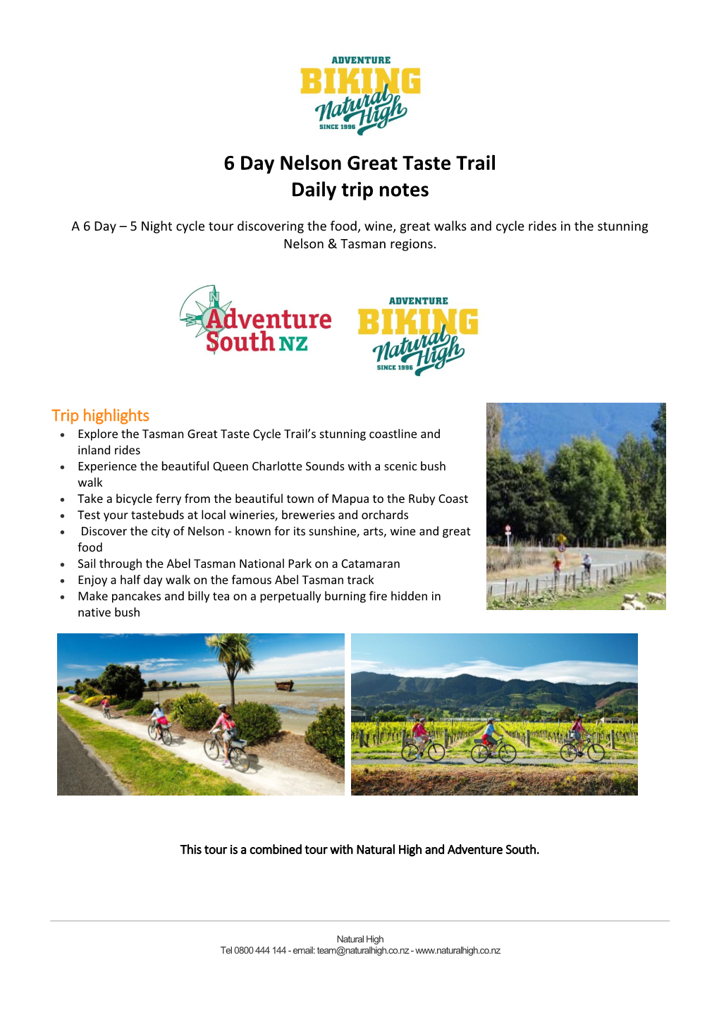 6 Day Nelson Great Taste Trail Daily Trip Notes