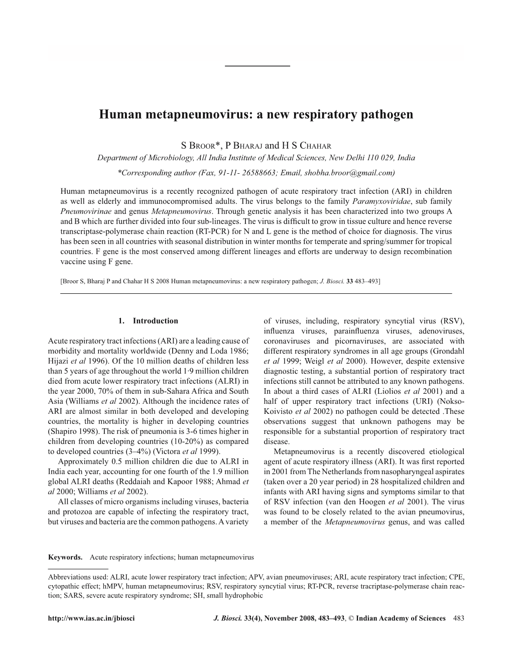 Human Metapneumovirus: a New Respiratory Pathogen