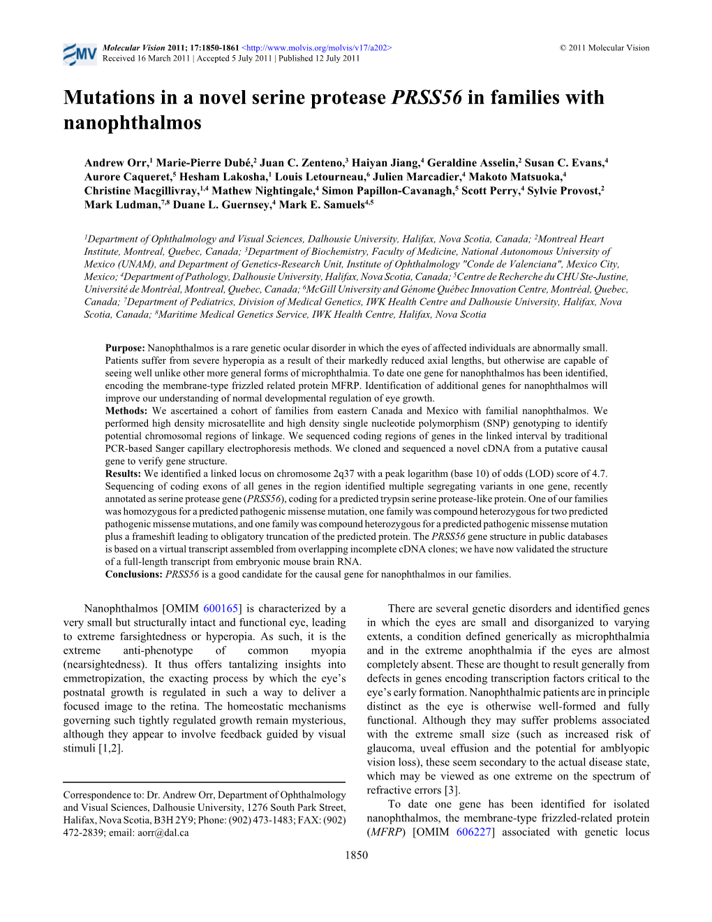 Mutations in a Novel Serine Protease PRSS56 in Families with Nanophthalmos