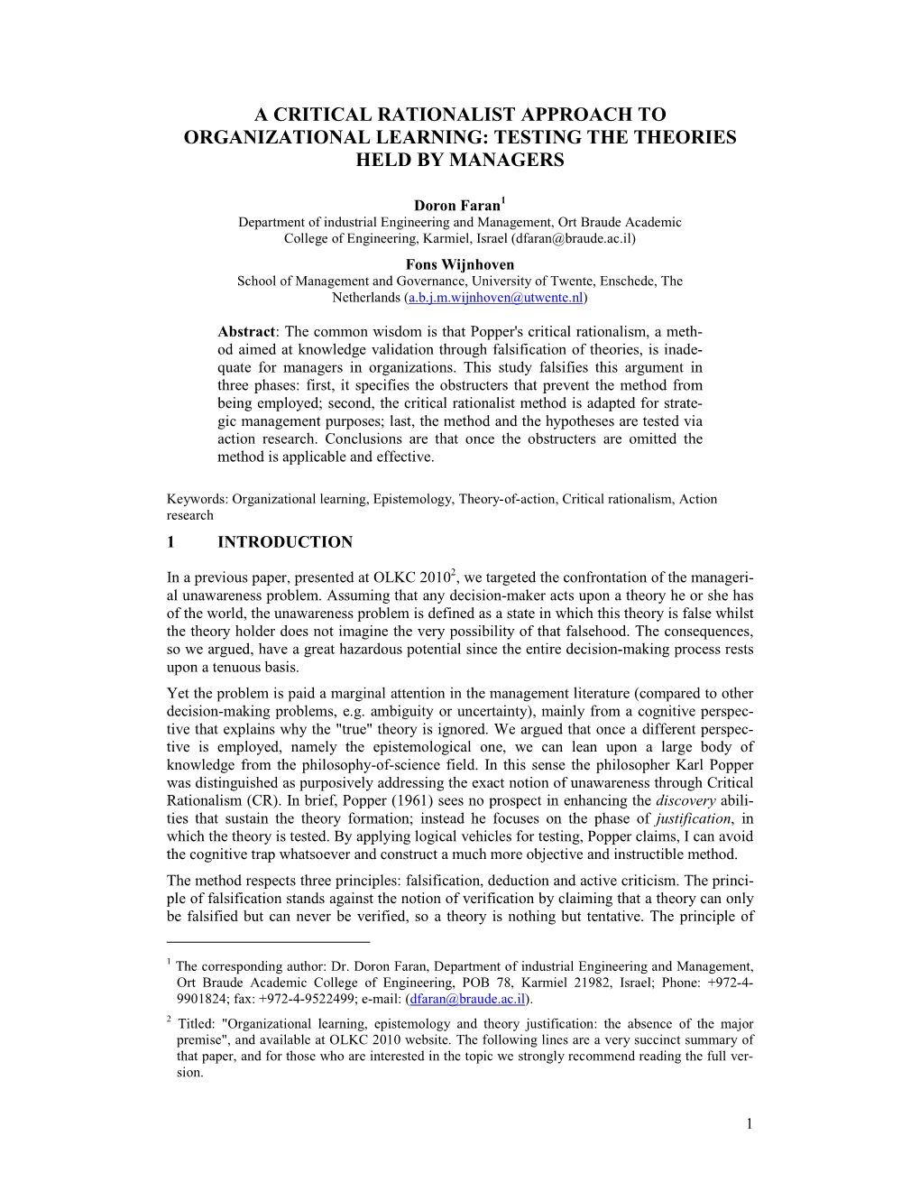 A Critical Rationalist Approach to Organizational Learning: Testing the Theories Held by Managers