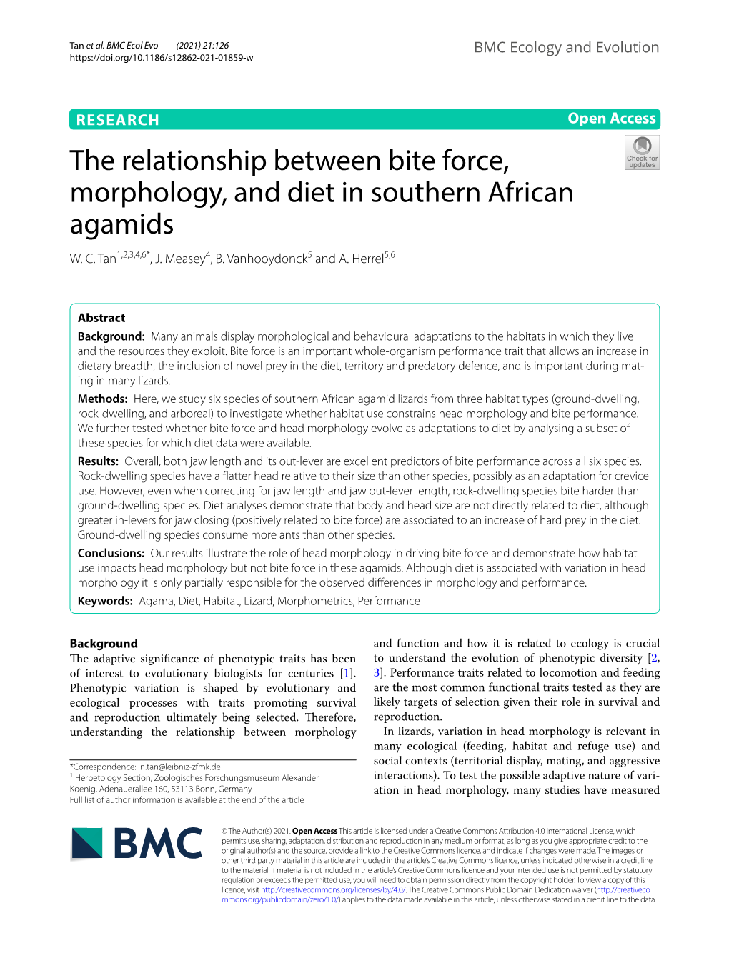 The Relationship Between Bite Force, Morphology, and Diet in Southern African Agamids W