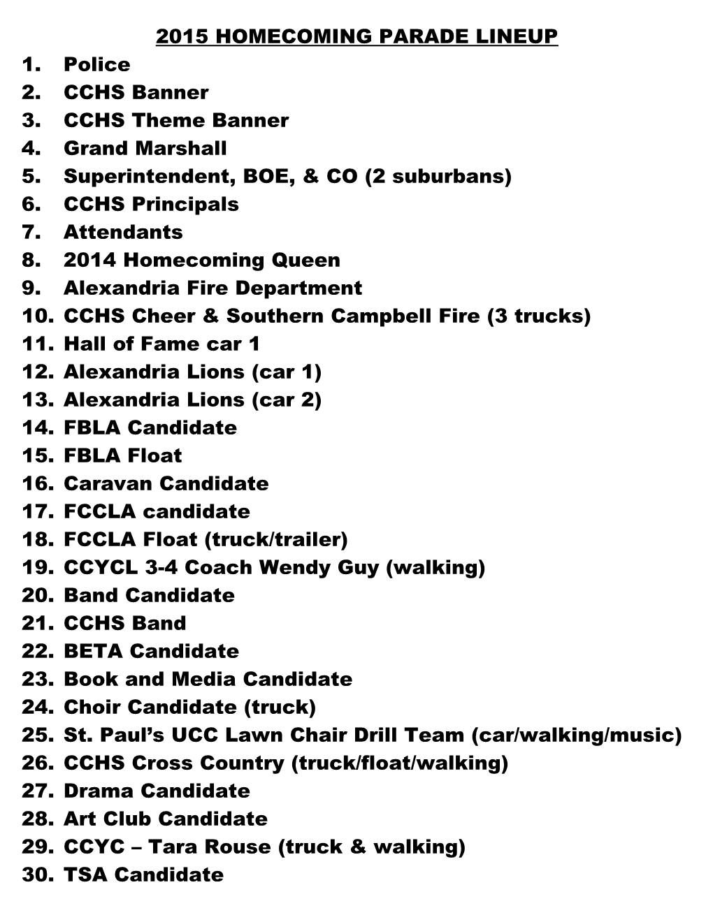 2007 Homecoming Parade Lineup