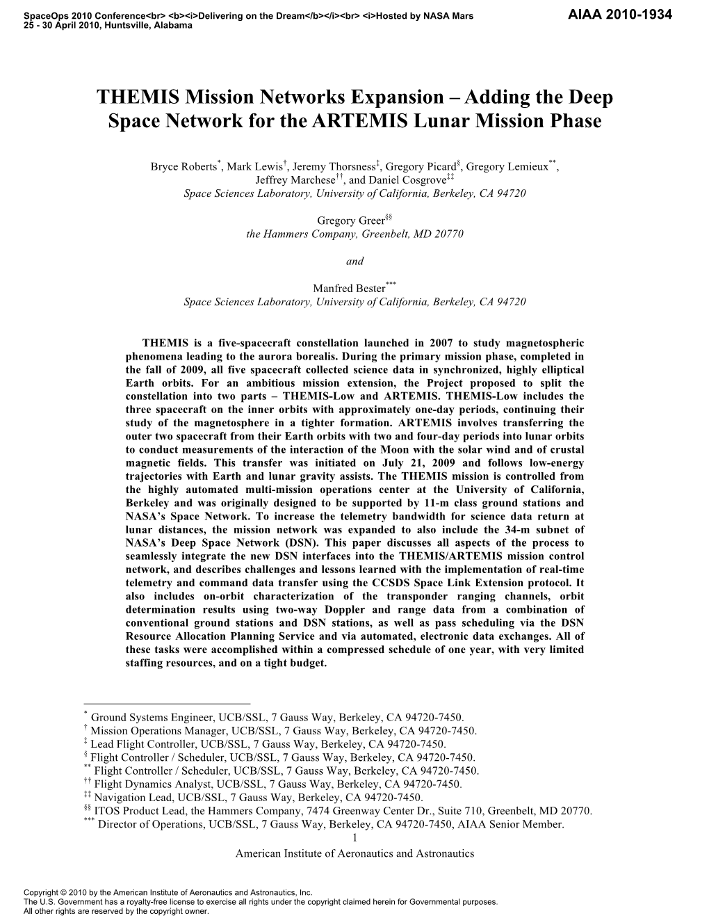 THEMIS Mission Networks Expansion – Adding the Deep Space Network for the ARTEMIS Lunar Mission Phase