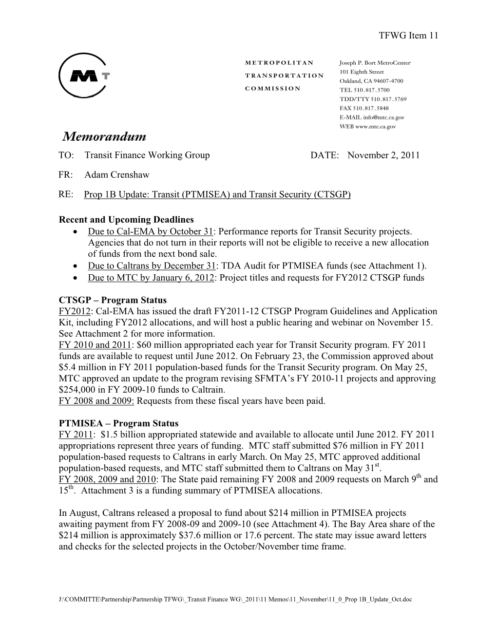 TFWG Item 11 TO: Transit Finance Working Group DATE: November