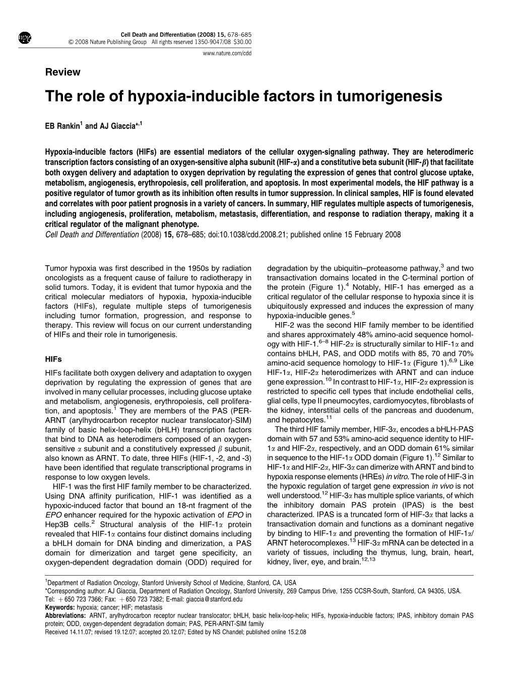 The Role of Hypoxia-Inducible Factors in Tumorigenesis