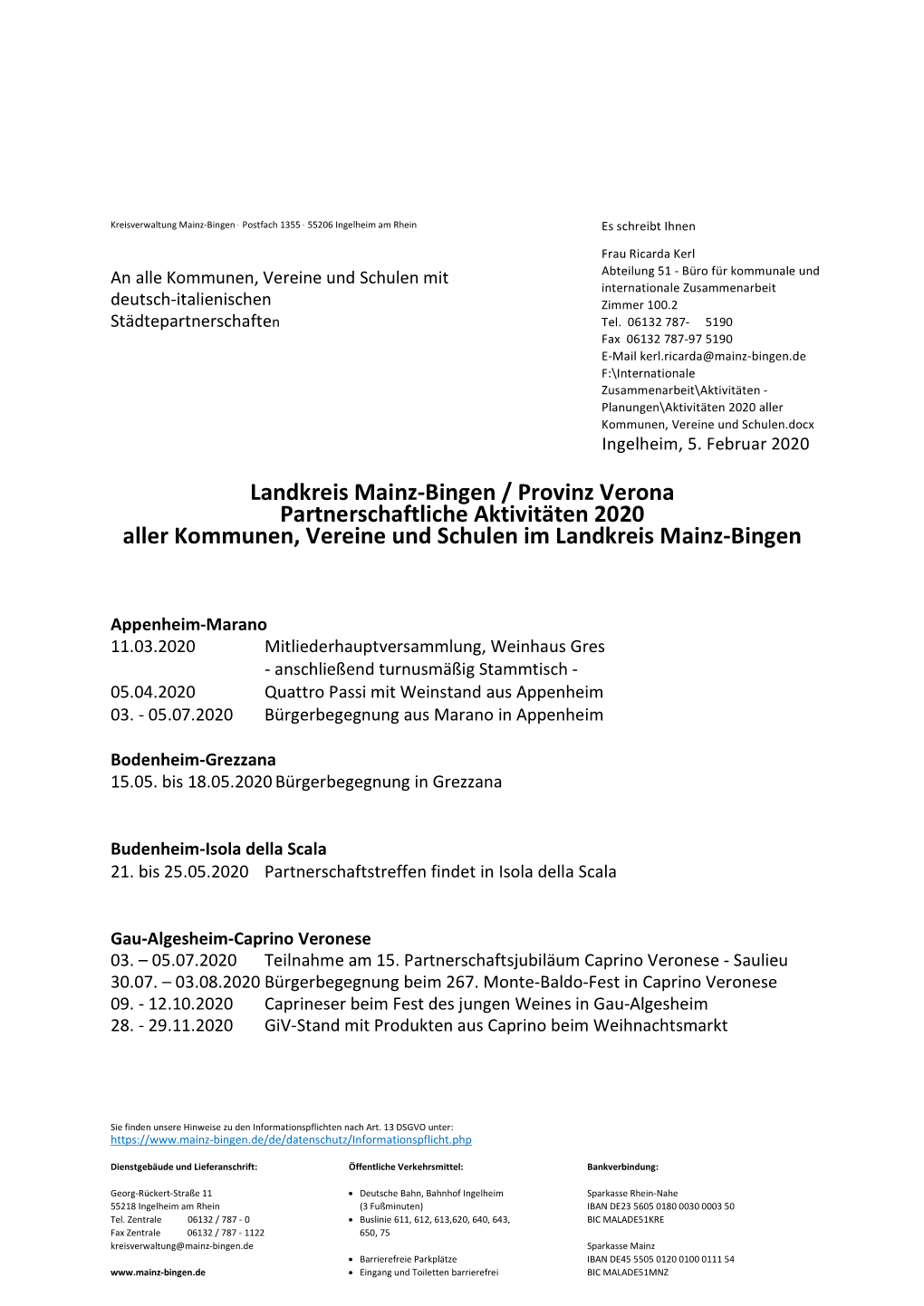 Landkreis Mainz-Bingen / Provinz Verona Partnerschaftliche Aktivitäten 2020 Aller Kommunen, Vereine Und Schulen Im Landkreis Mainz-Bingen