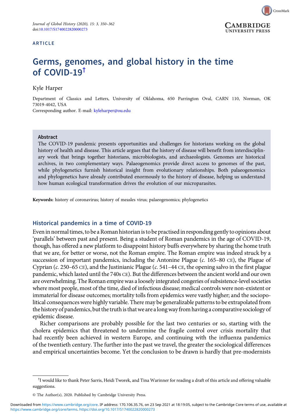 Germs, Genomes, and Global History in the Time of COVID-19†