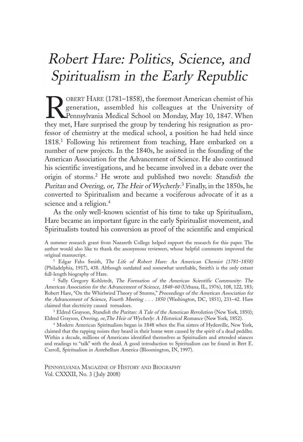 Robert Hare: Politics, Science, and Spiritualism in the Early Republic