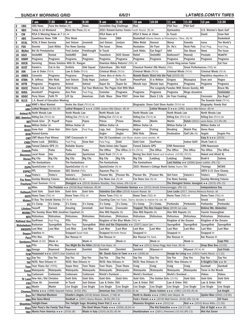 Sunday Morning Grid 6/6/21 Latimes.Com/Tv Times