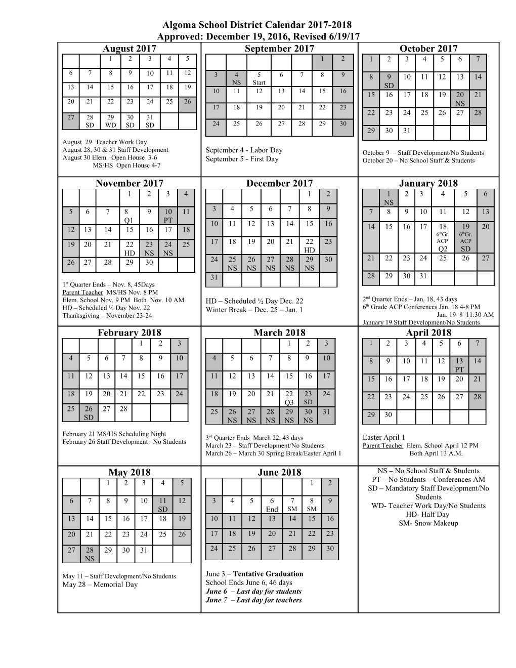 Algoma School District Calendar 2017-2018