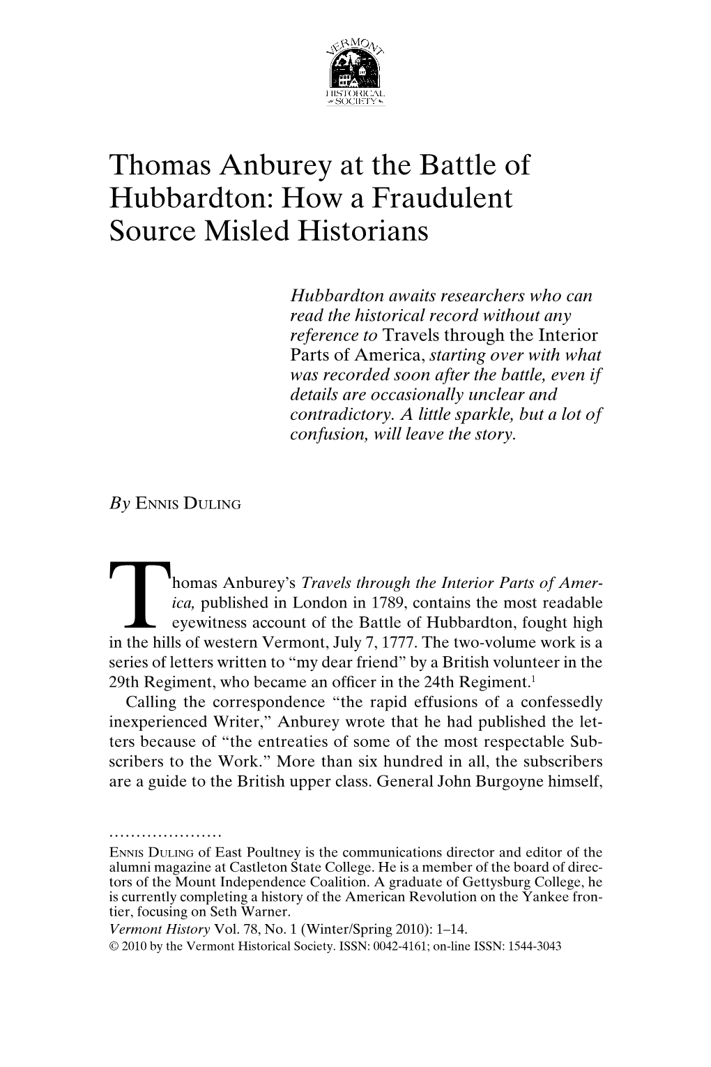 Thomas Anburey at the Battle of Hubbardton: How a Fraudulent Source Misled Historians