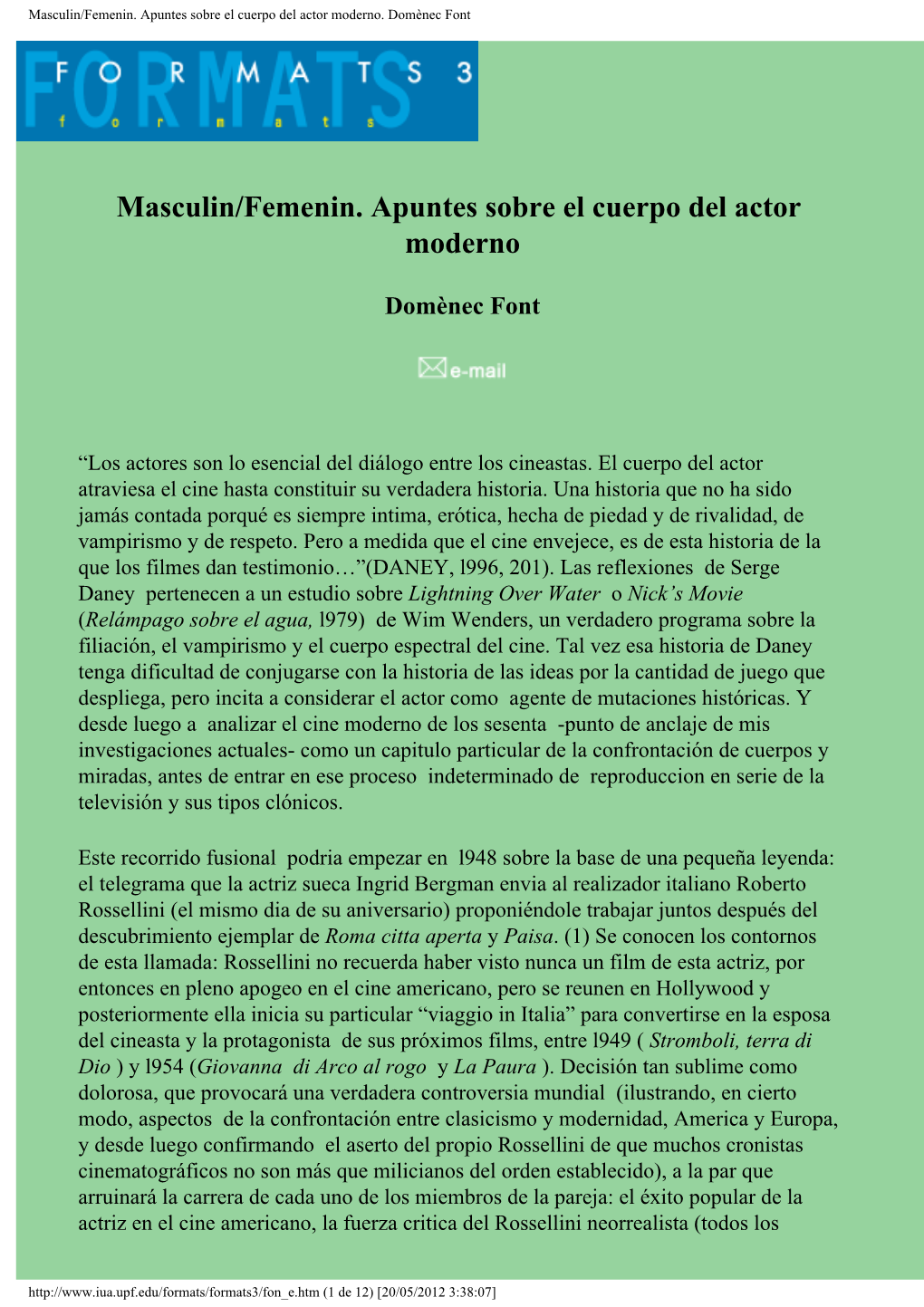 Masculin/Femenin. Apuntes Sobre El Cuerpo Del Actor Moderno. Domènec Font