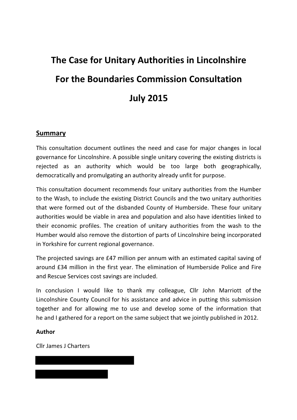 The Case for Unitary Authorities in Lincolnshire for the Boundaries Commission Consultation