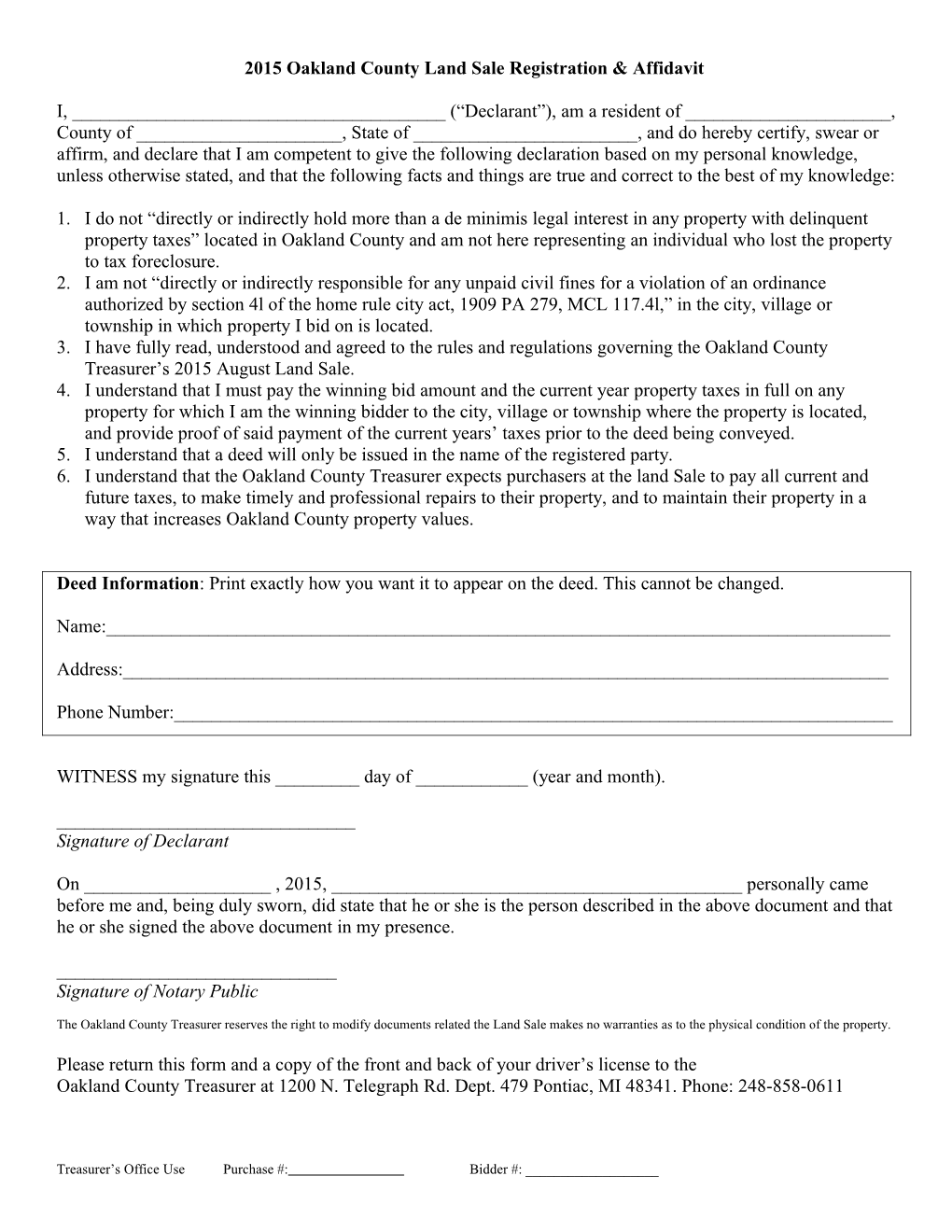 2015 Oakland County Land Sale Registration & Affidavit