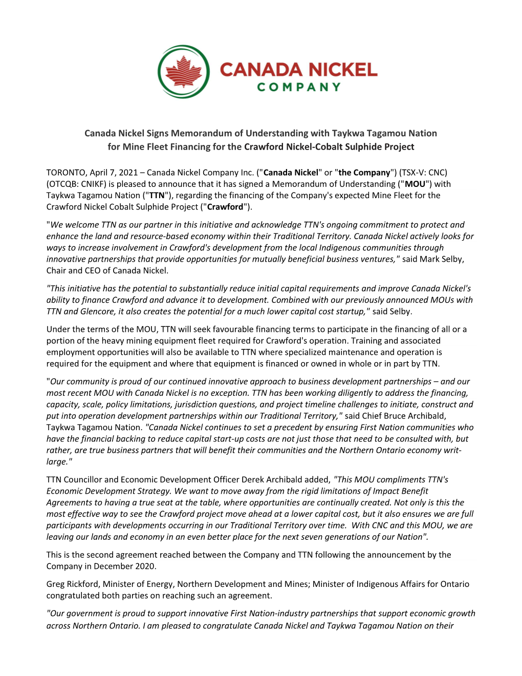 Canada Nickel Signs Memorandum of Understanding with Taykwa Tagamou Nation for Mine Fleet Financing for the Crawford Nickel-Cobalt Sulphide Project