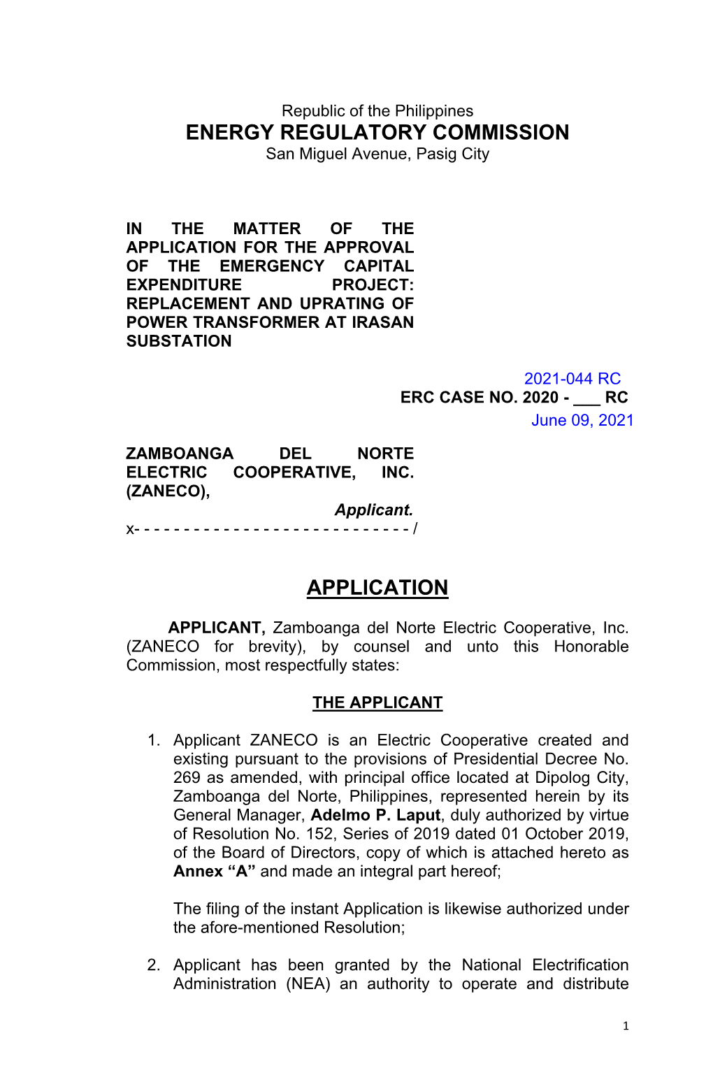 Energy Regulatory Commission Application