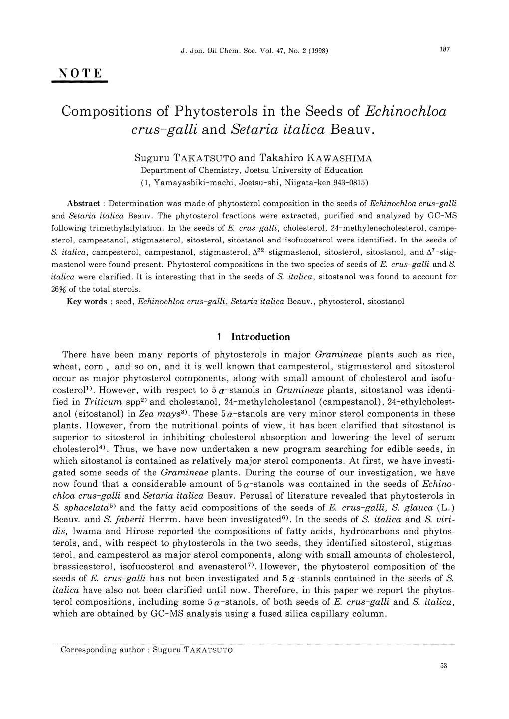 Compositions of Phytosterols in the Seeds of Echinochloa Crus-Galli and Setaria Italica Beauv