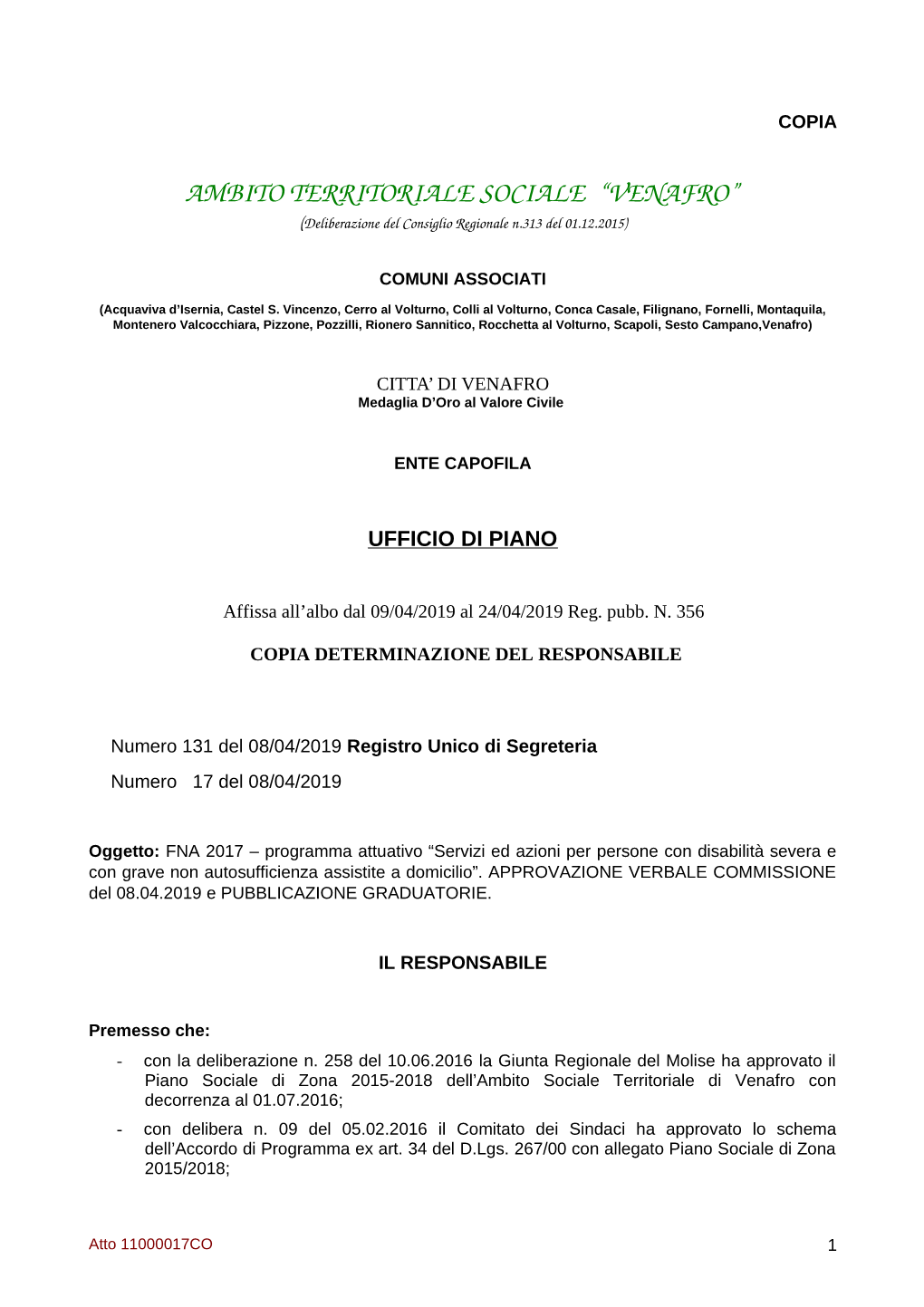 AMBITO TERRITORIALE SOCIALE “VENAFRO” (Deliberazione Del Consiglio Regionale N.313 Del 01.12.2015)