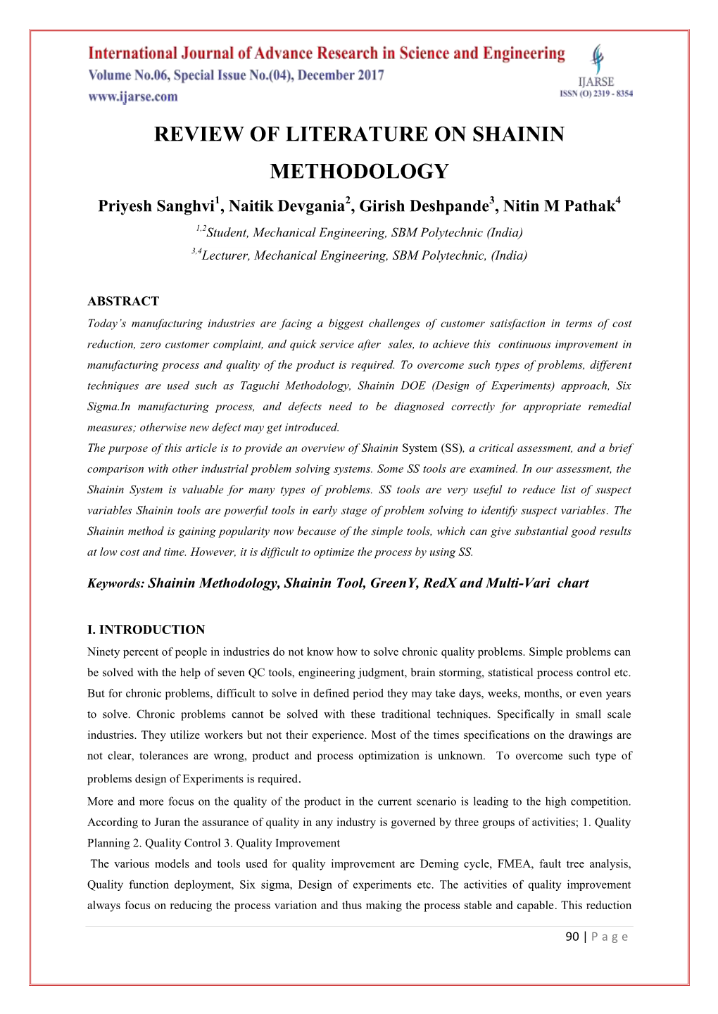 Review of Literature on Shainin Methodology