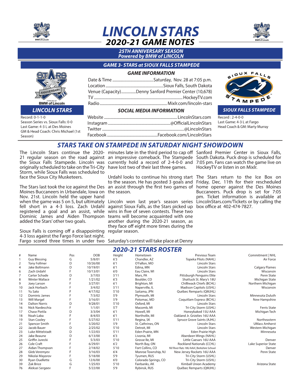 LINCOLN STARS 2020-21 GAME NOTES 25TH ANNIVERSARY SEASON Powered by BMW of LINCOLN GAME 3- STARS at SIOUX FALLS STAMPEDE GAME INFORMATION Date & Time