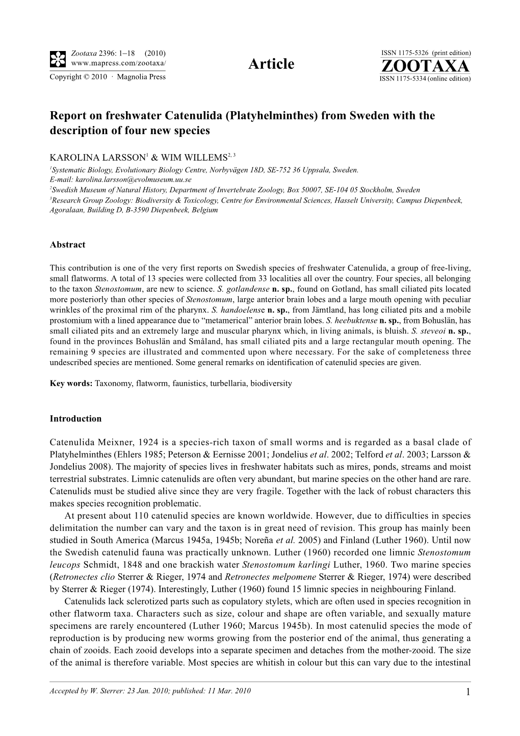 Zootaxa, Report on Freshwater Catenulida