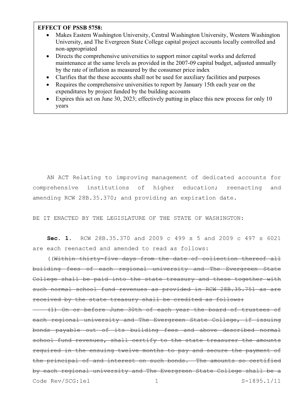 Code Rev/SCG:Lel 1 S-1895.1/11 an ACT Relating to Improving