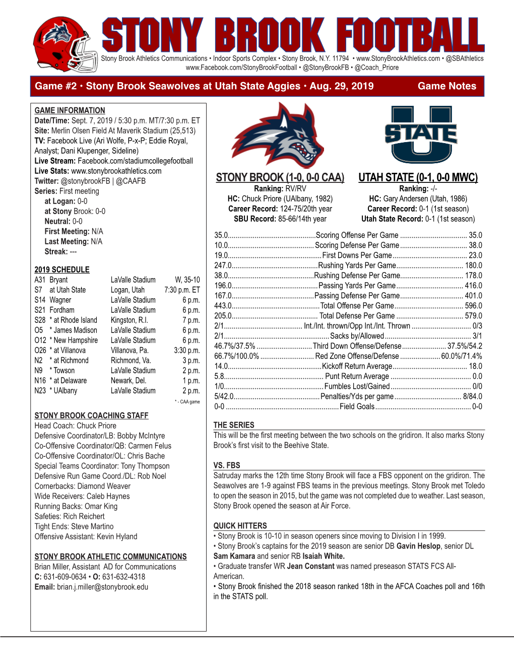 Stony Brook Football Weekly Media Planner