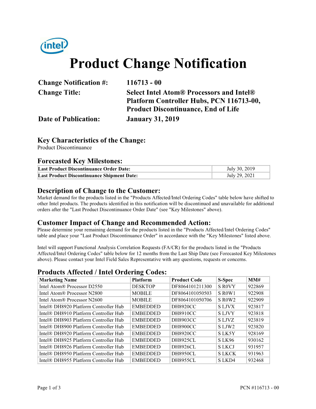 Product Change Notification 116713 - 00