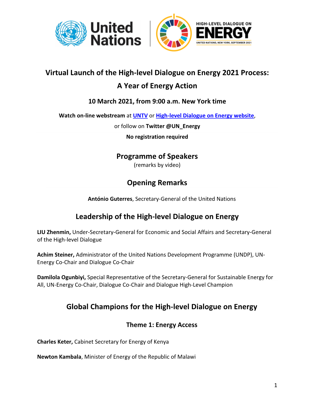 Virtual Launch of the High-Level Dialogue on Energy 2021 Process: a Year of Energy Action