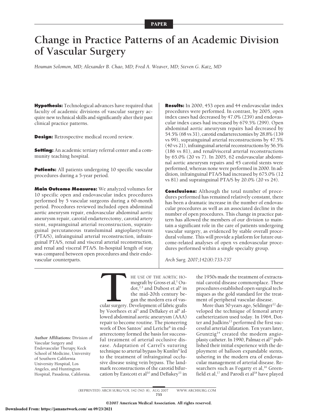 Change in Practice Patterns of an Academic Division of Vascular Surgery