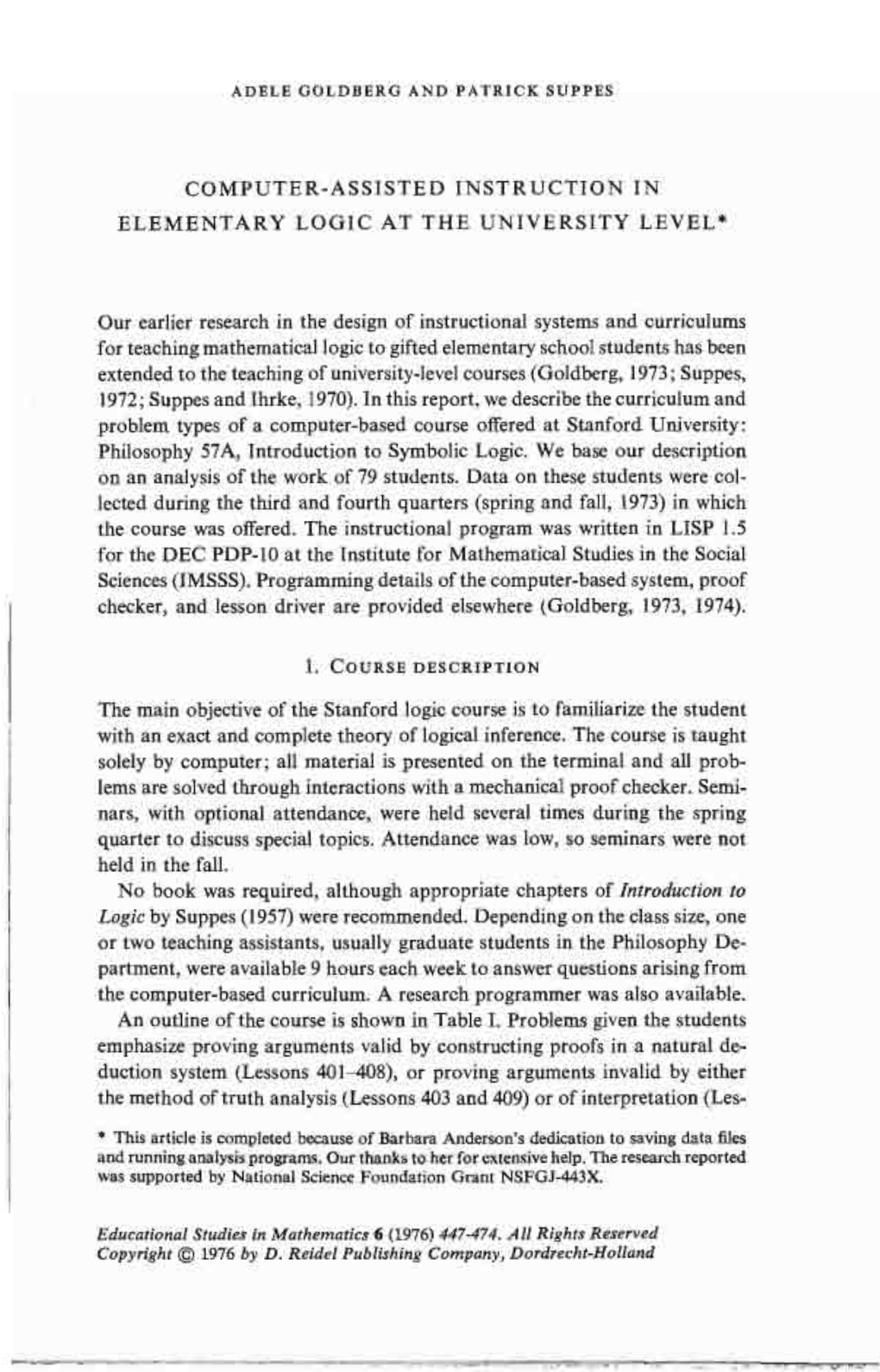 Computer-Assisted Instruction in Elementary Logic at the University Level*