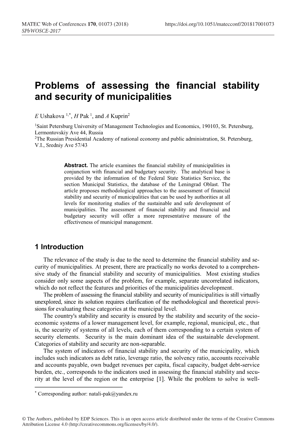 Problems of Assessing the Financial Stability and Security of Municipalities
