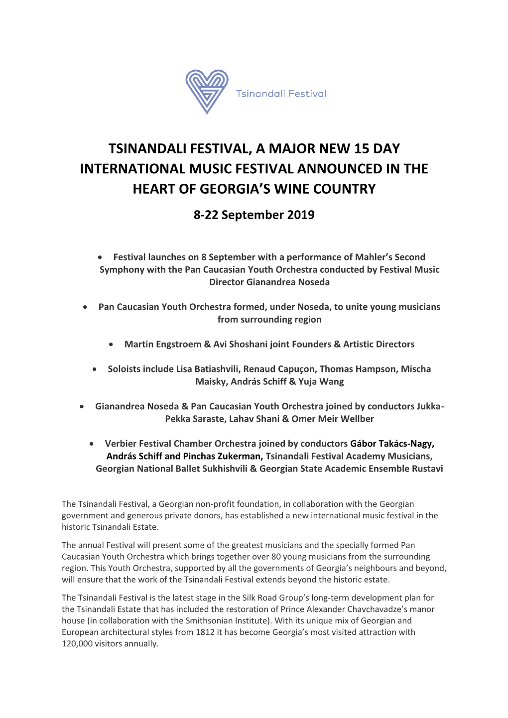 Tsinandali Festival, a Major New 15 Day International Music Festival Announced in the Heart of Georgia's Wine Country