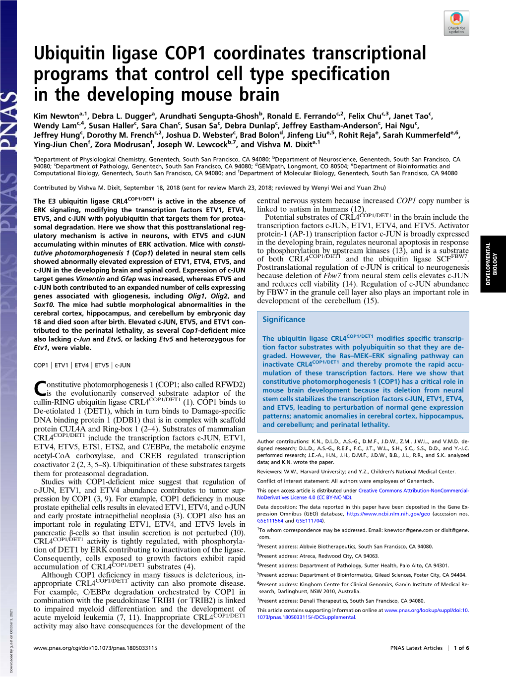Ubiquitin Ligase COP1 Coordinates Transcriptional Programs That Control Cell Type Specification in the Developing Mouse Brain