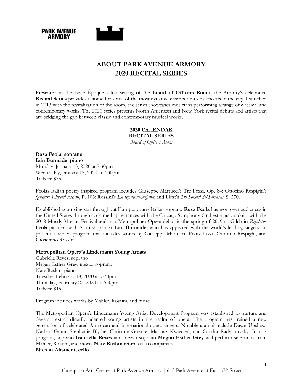 About Park Avenue Armory 2020 Recital Series