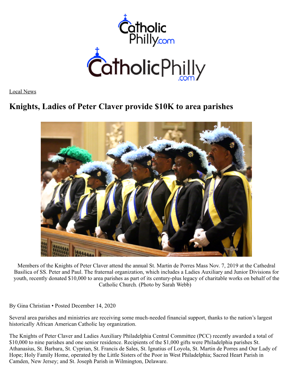Knights, Ladies of Peter Claver Provide $10K to Area Parishes