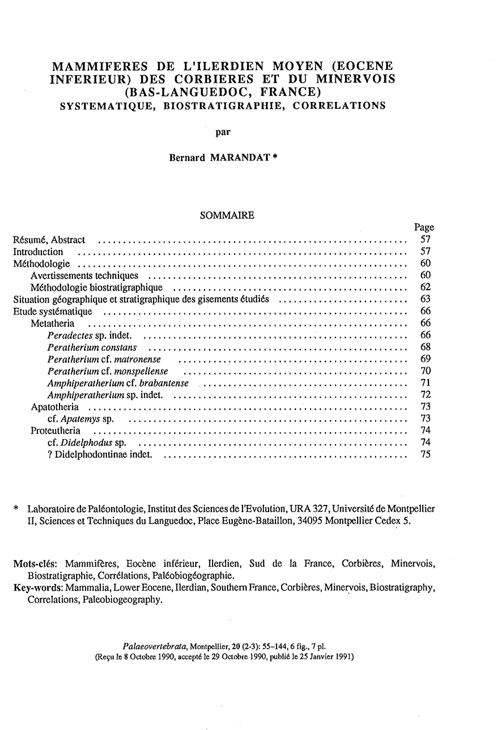 Mammiferes De L'ilerdien Moyen (Eocene Inferieur) Des Corbieres Et Du Minervois (Bas-Languedoc, France) Systematique, Bio Stratigraphie, Correlations