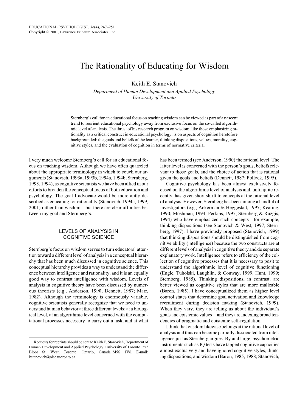 The Rationality of Educating for Wisdom EDUCATING FORSTANOVICH WISDOM