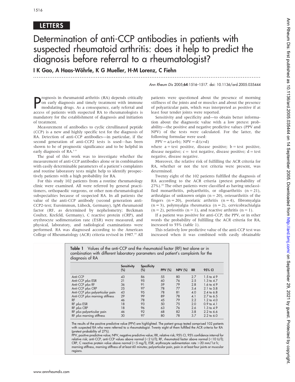 Determination of Anti-CCP Antibodies in Patients with Suspected Rheumatoid Arthritis