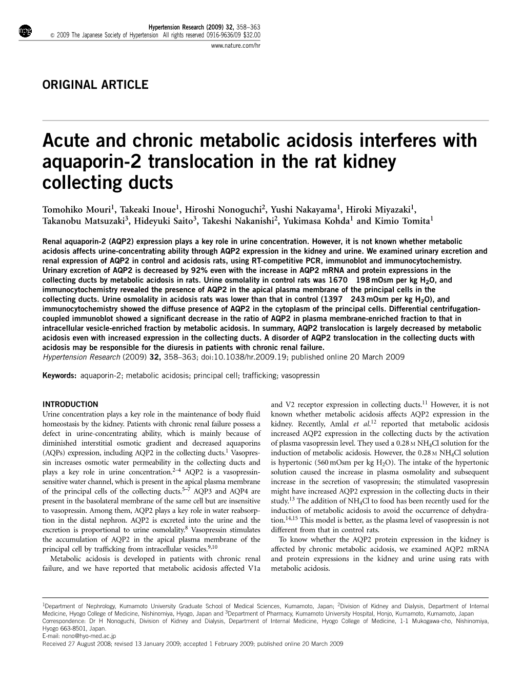 Acute and Chronic Metabolic Acidosis Interferes with Aquaporin-2 Translocation in the Rat Kidney Collecting Ducts