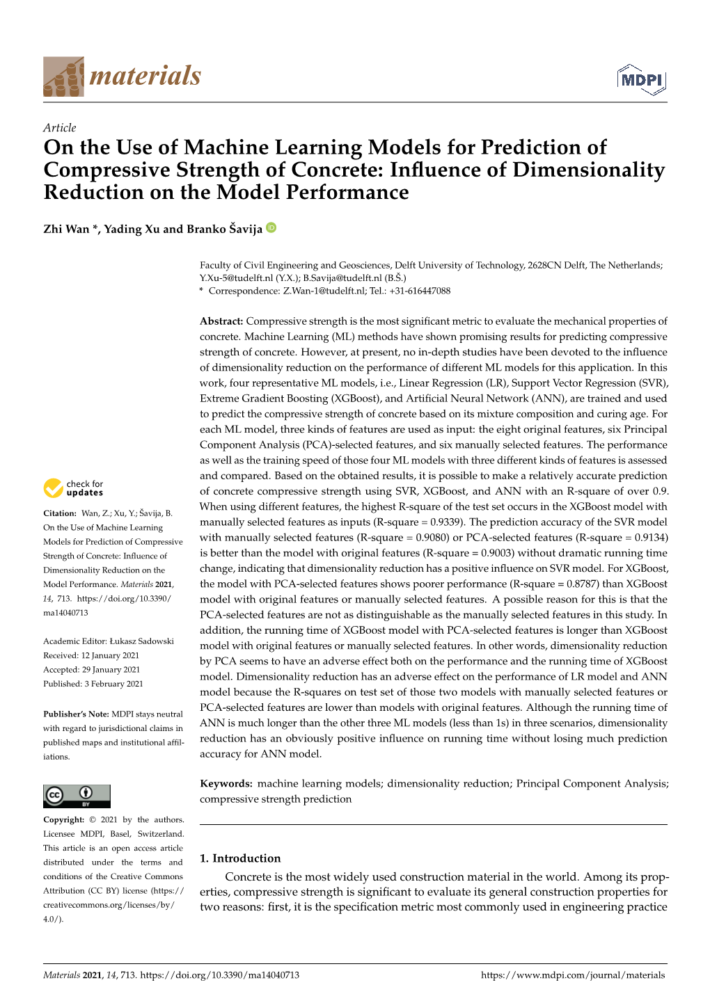 On the Use of Machine Learning Models for Prediction of Compressive Strength of Concrete: Influence of Dimensionality Reduction