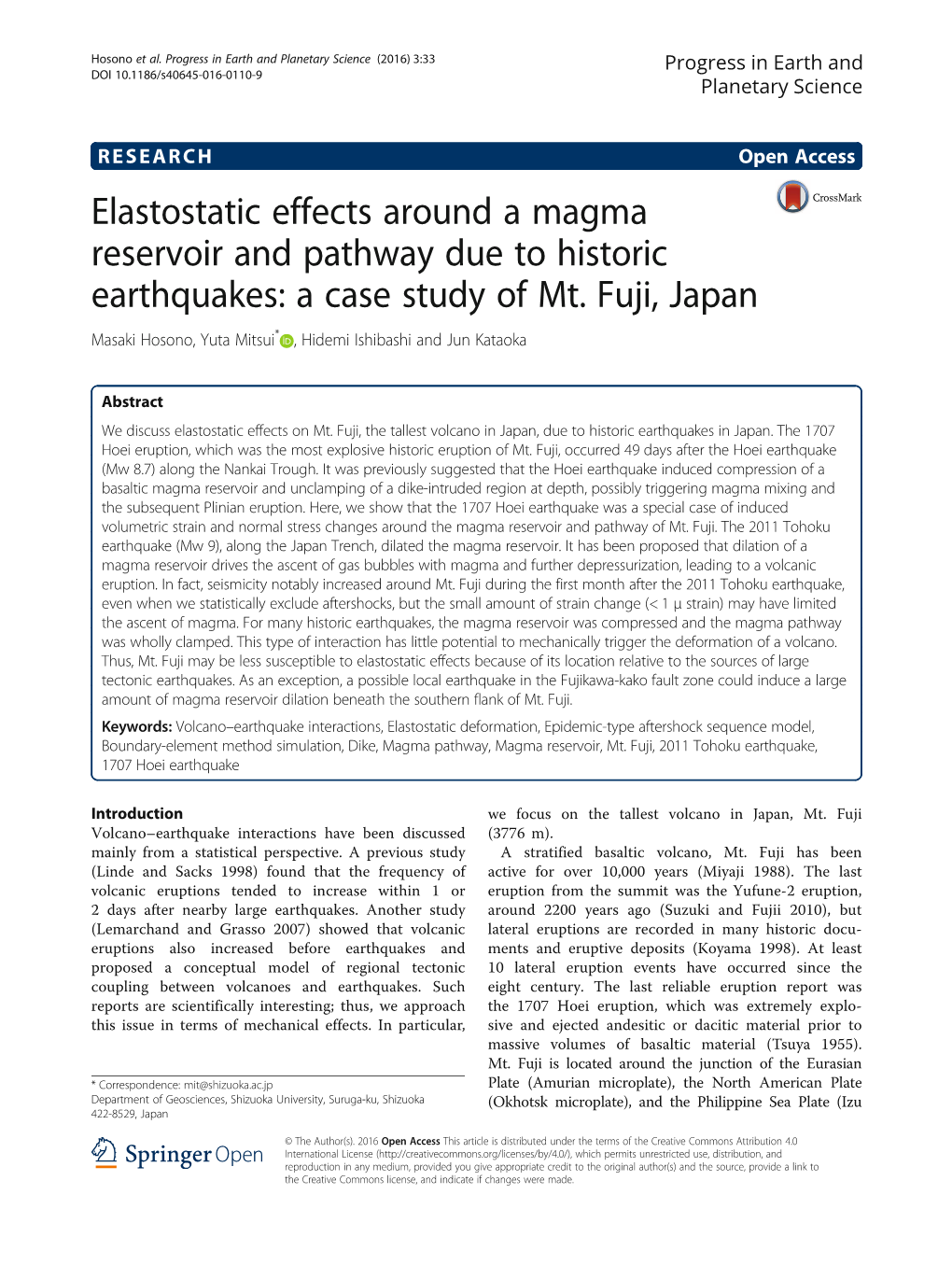 Elastostatic Effects Around a Magma Reservoir and Pathway Due to Historic Earthquakes: a Case Study of Mt. Fuji, Japan