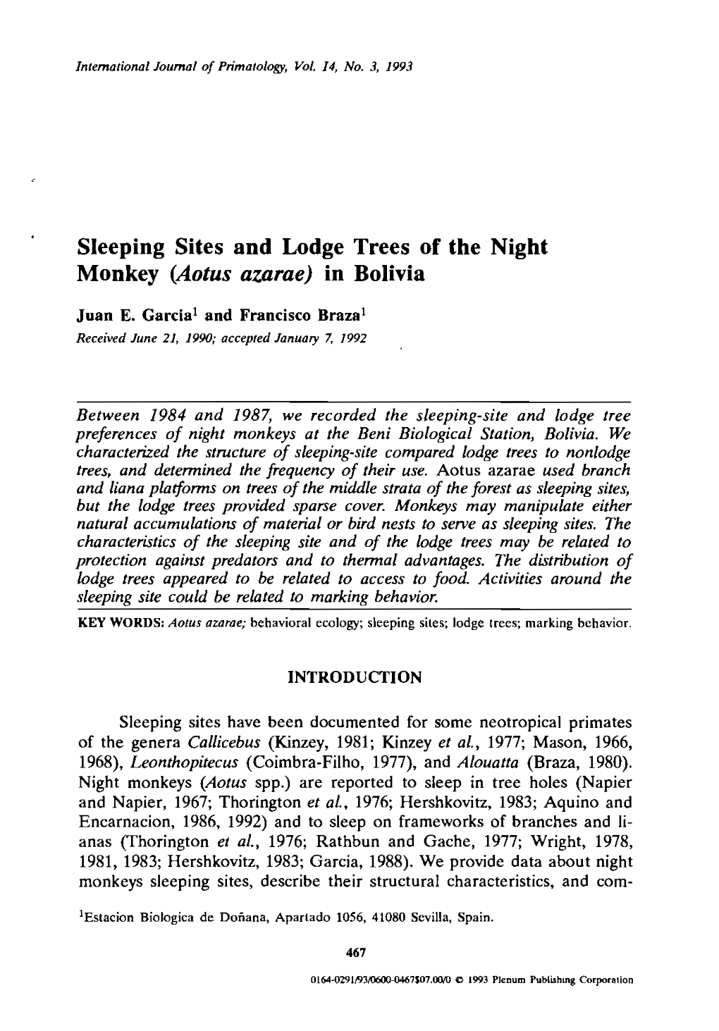 Sleeping Sites and Lodge Trees of the Night Monkey (Aotus Azarae) in Bolivia
