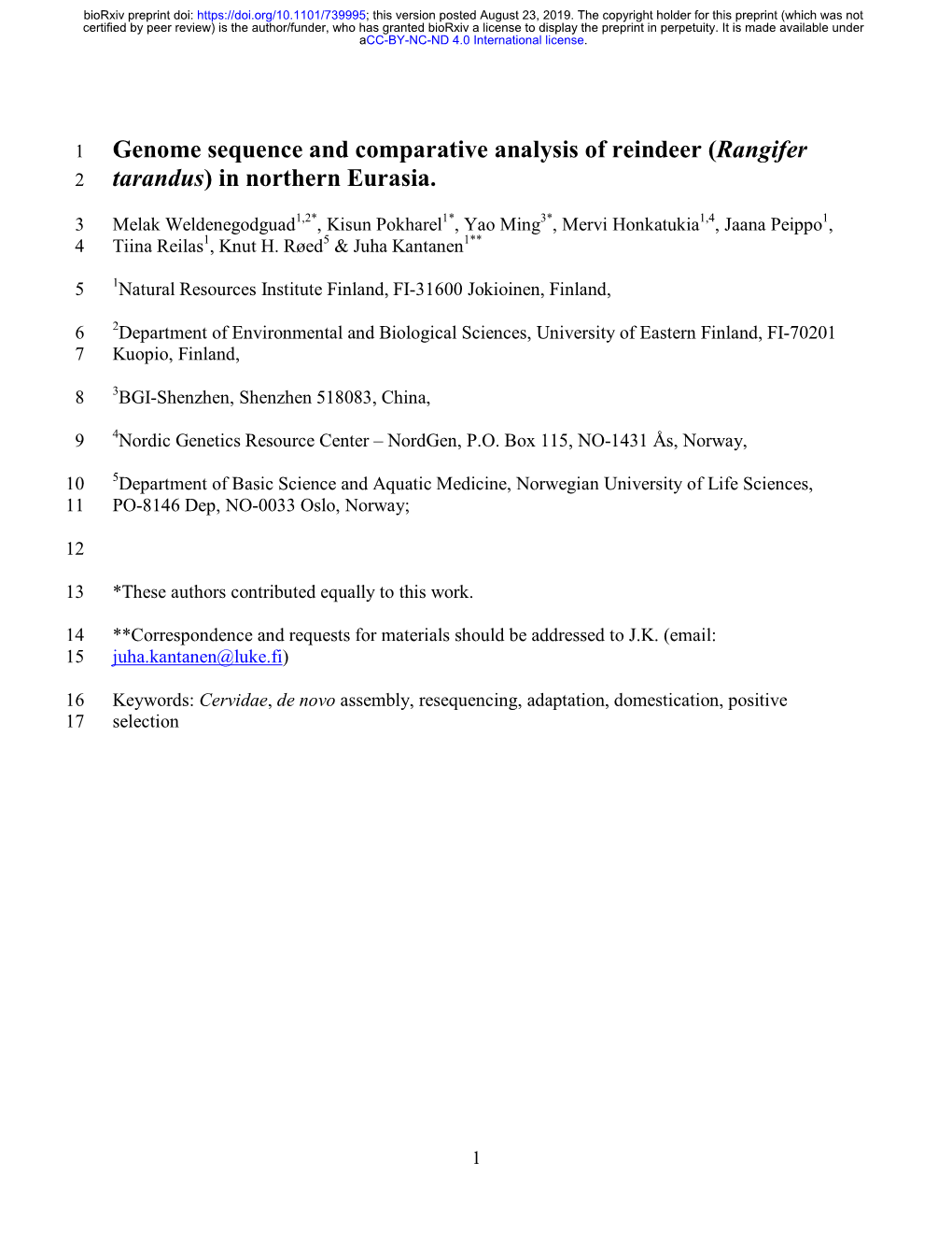 Genome Sequence and Comparative Analysis of Reindeer (Rangifer 2 Tarandus) in Northern Eurasia