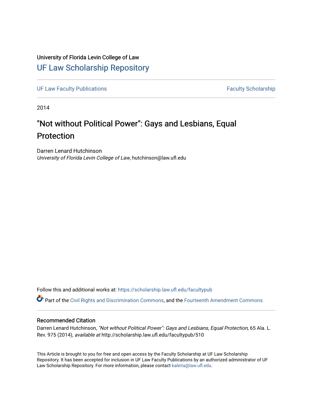 "Not Without Political Power": Gays and Lesbians, Equal Protection