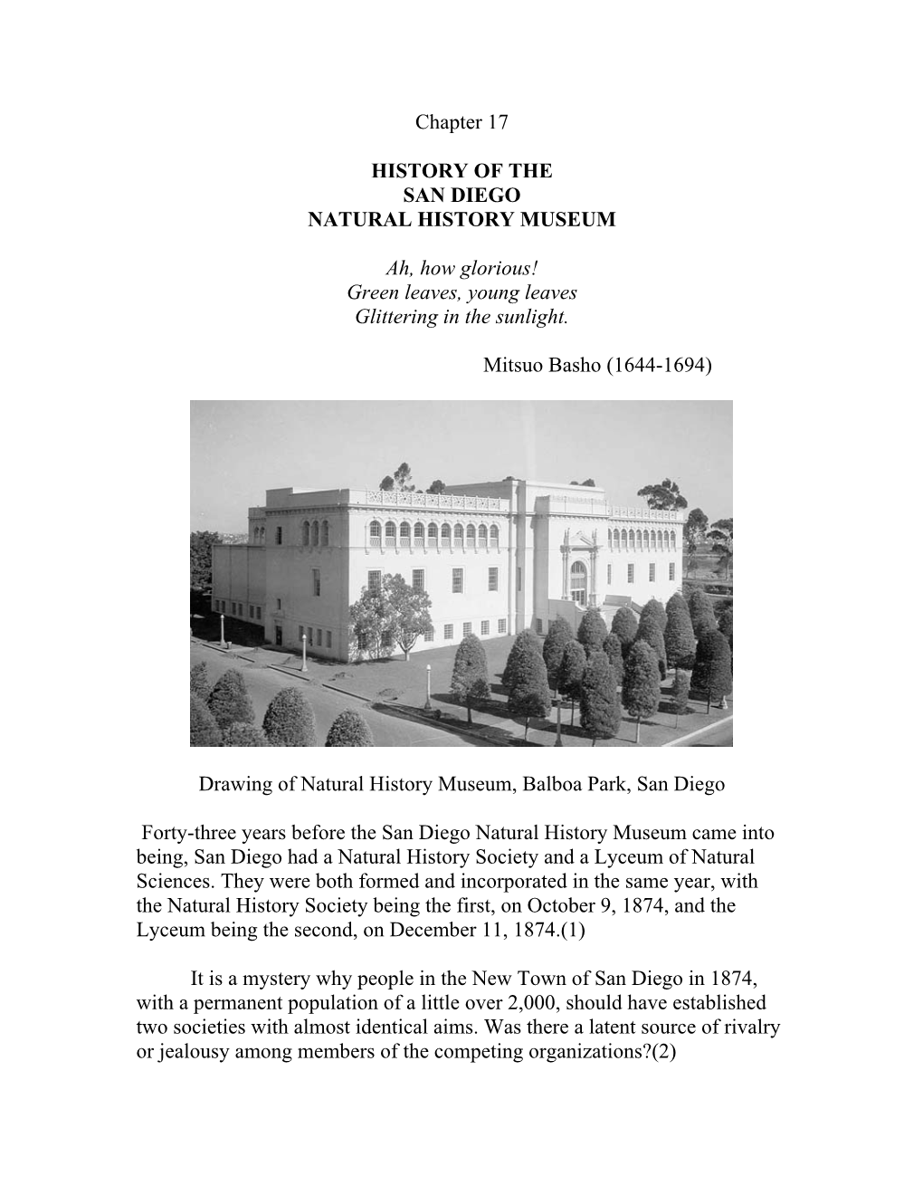 Chapter 17 HISTORY of the SAN DIEGO NATURAL