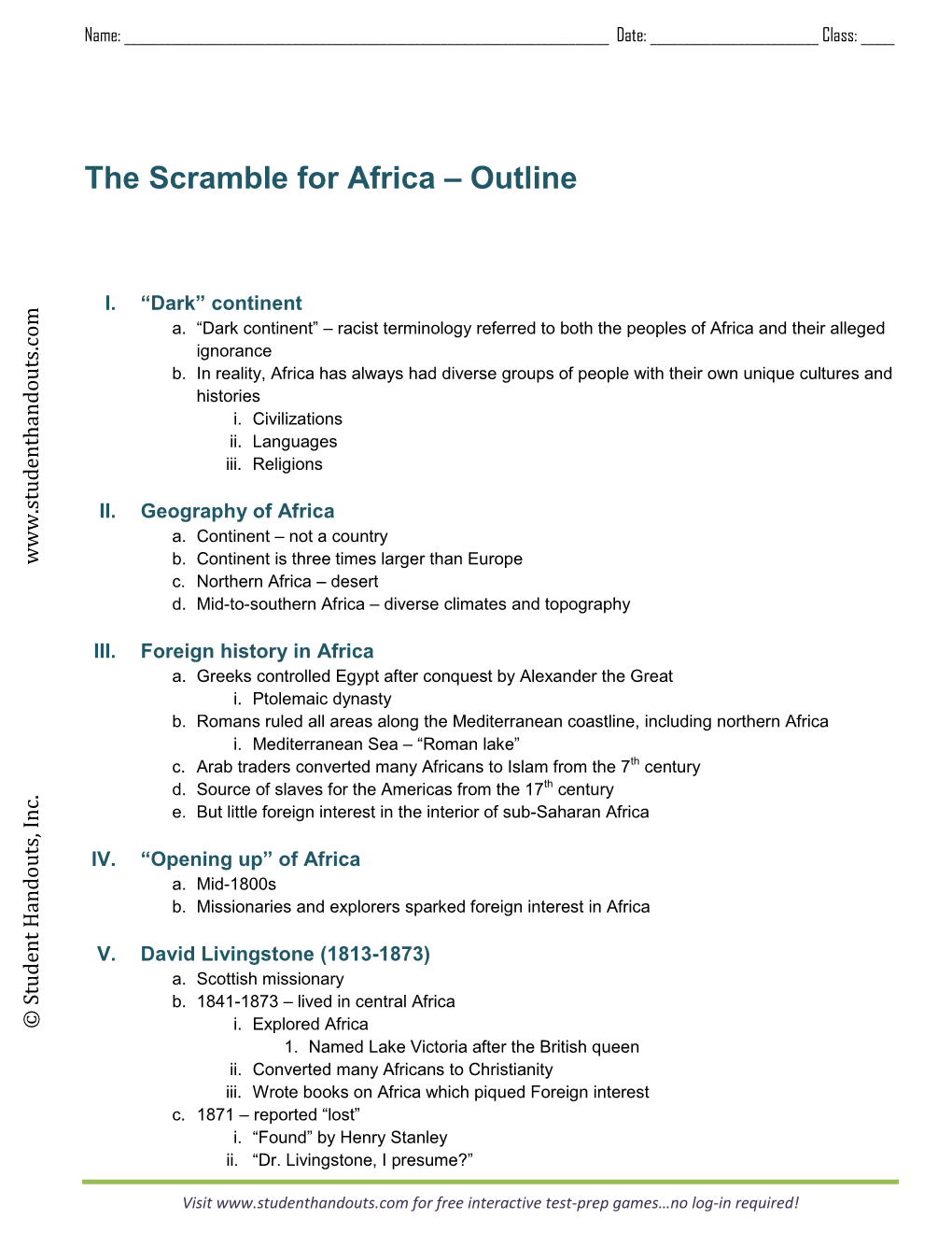 The Scramble for Africa – Outline