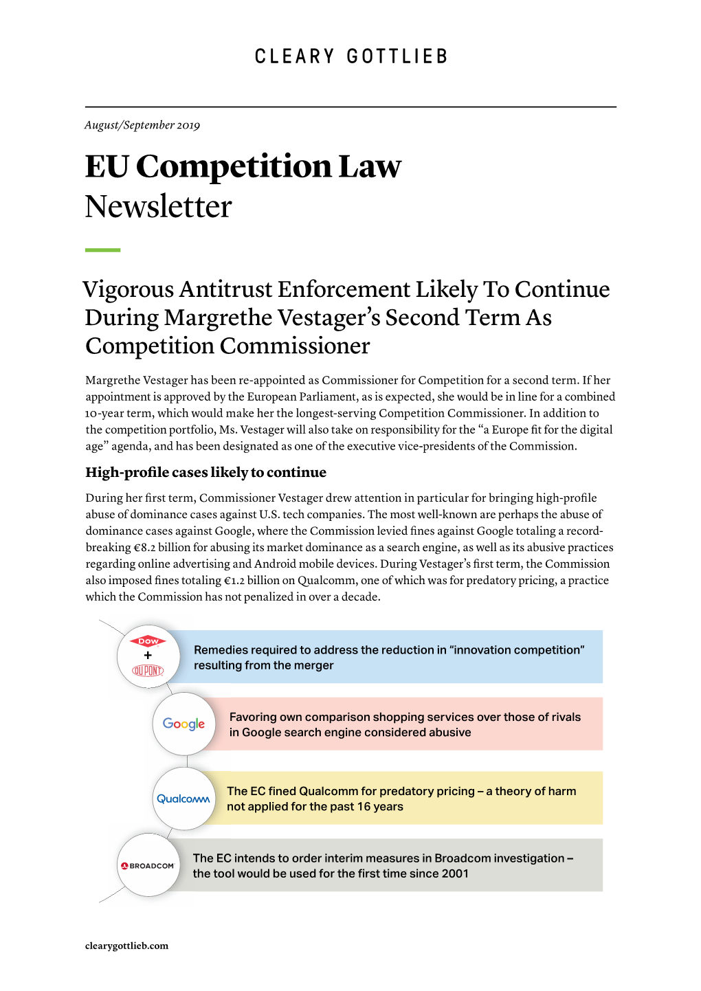 EU Competition Law Newsletter — Vigorous Antitrust Enforcement Likely to Continue During Margrethe Vestager’S Second Term As Competition Commissioner
