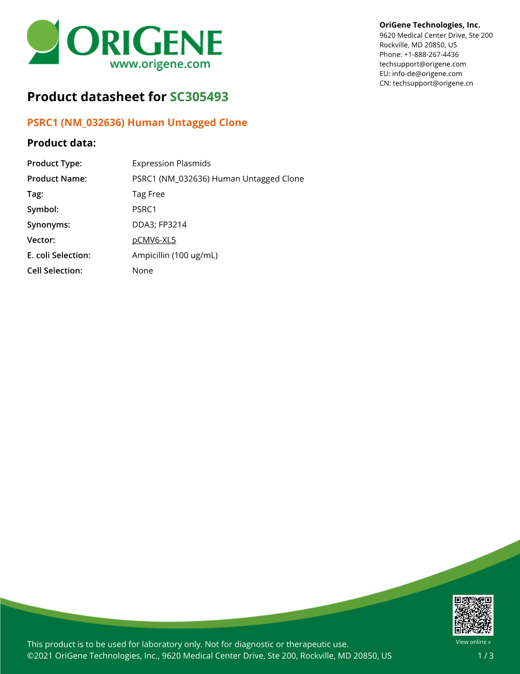 PSRC1 (NM 032636) Human Untagged Clone – SC305493 | Origene